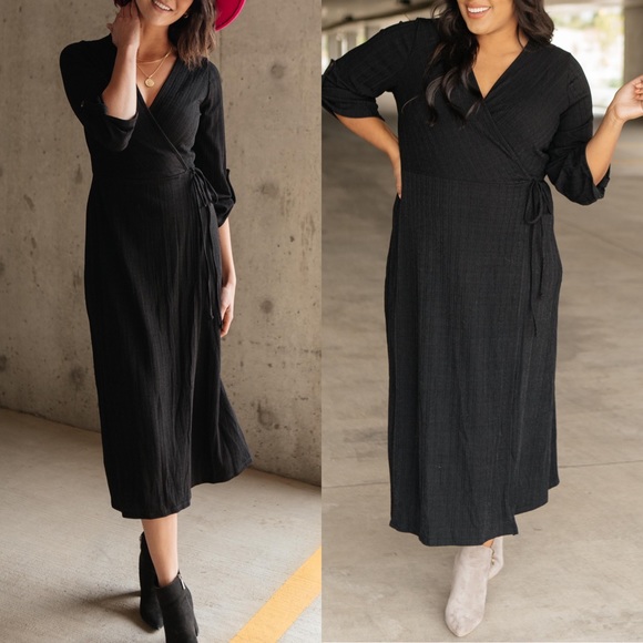 Dash of Pink Dresses & Skirts - Black Ribbed Knit Midi Wrap Dress